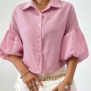 Sundaysup Pink Striped Blouse button down balloon sleeve 3/4